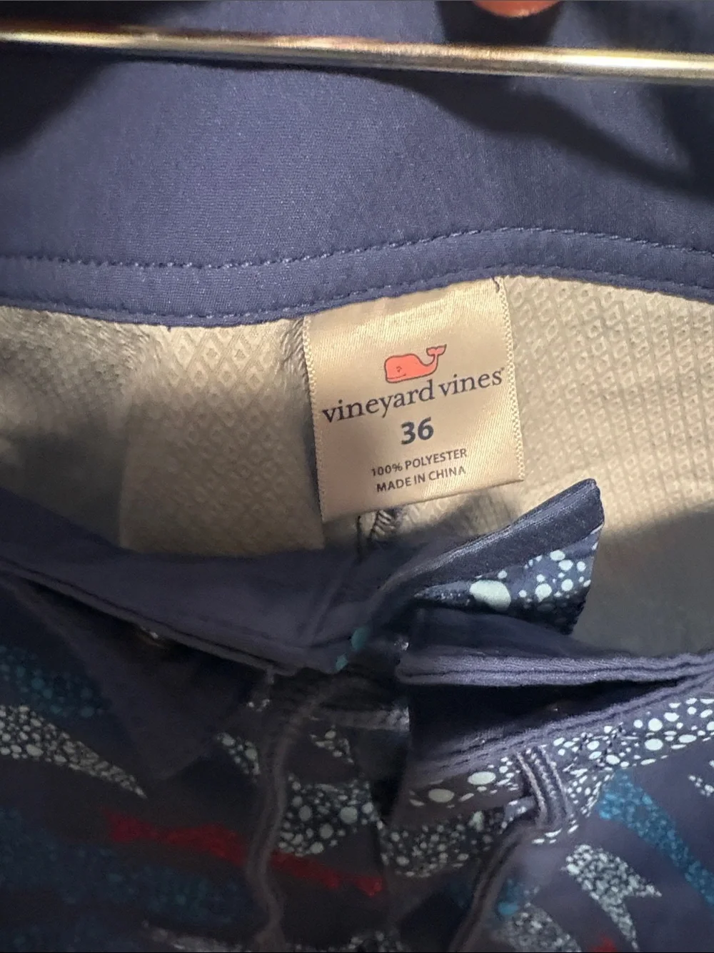 Vineyard Vines Navy Shark-Print Board Shorts with Red & Light Blue Accents